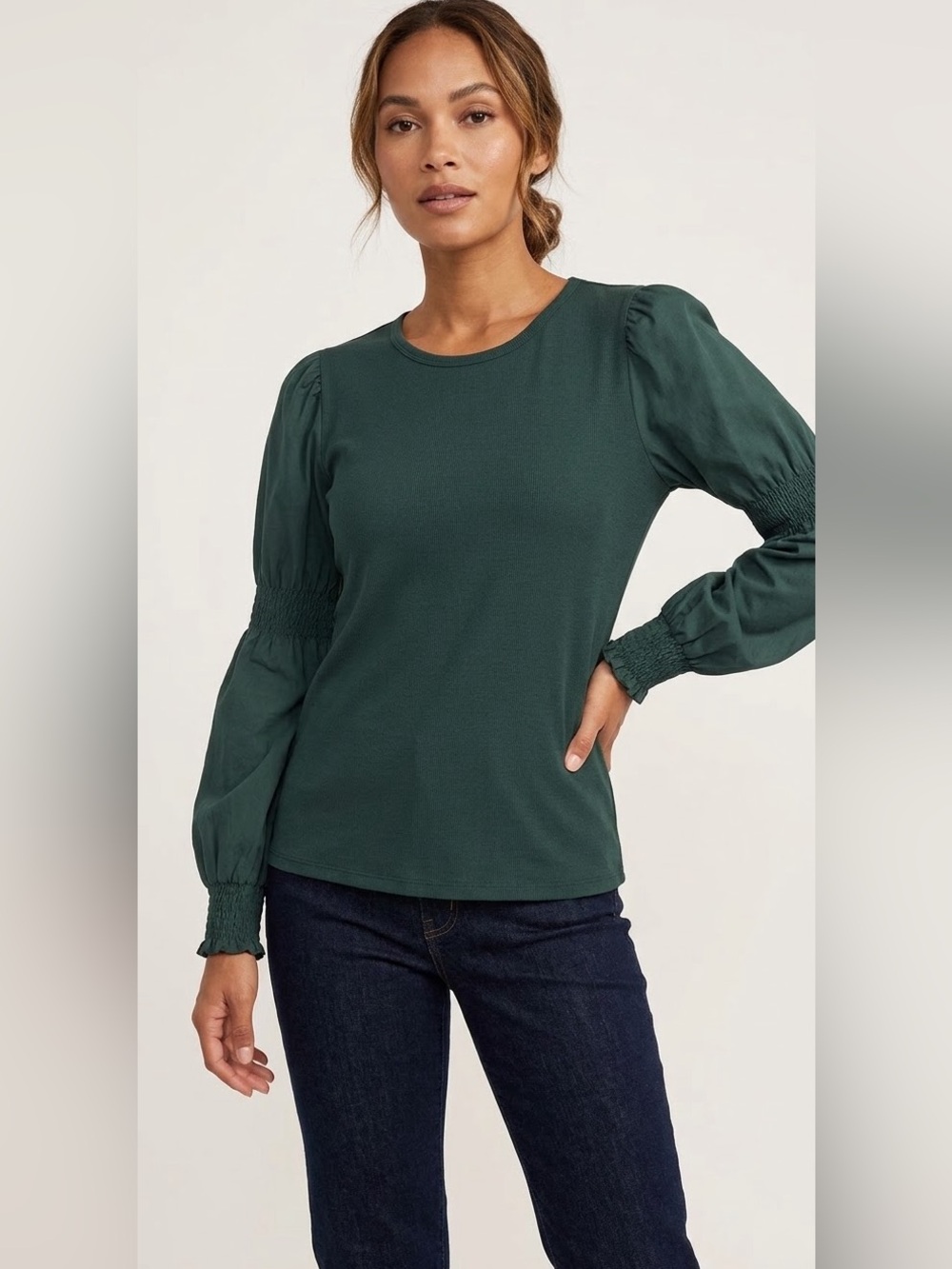 Studio Park Dark Green Ribbed Puff Sleeve Top Size M